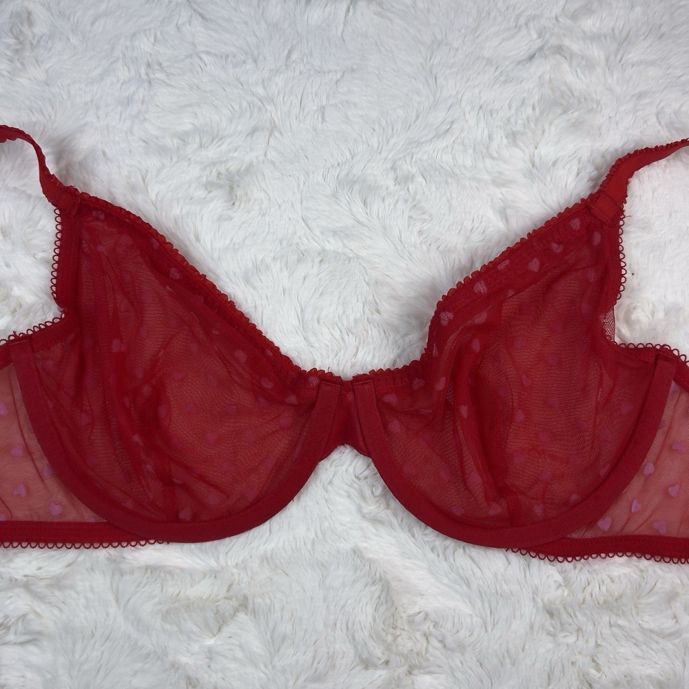 Victoria's Secret Tease Hearts Mesh Unlined Demi Bra Red White Hearts 36DD NWT - Picture 3 of 5
